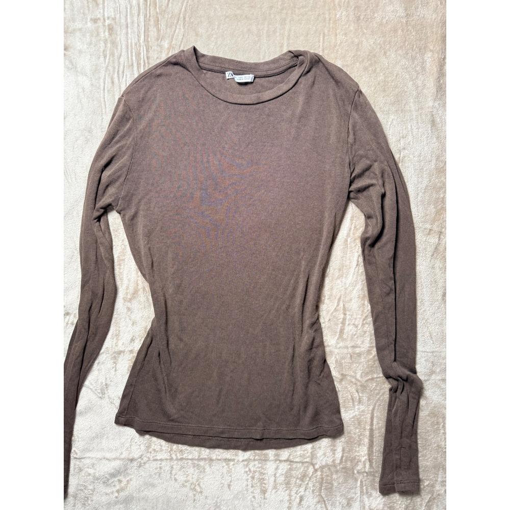 Zara Womens Ribbed Knit Long Sleeve Top Brown Crew Neck Slim Fit Size L Basics